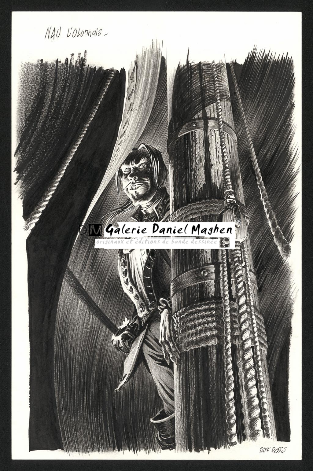 Illustration originale représentant Nau L'Olonais - Riff Reb's - Encre de Chine et crayon sur papier - 6515