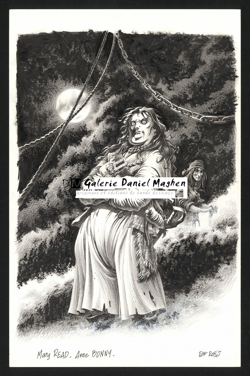 Illustration originale représentant Mary Read et Anne Bonny - Riff Reb's - Encre de Chine et crayon sur papier - 6411