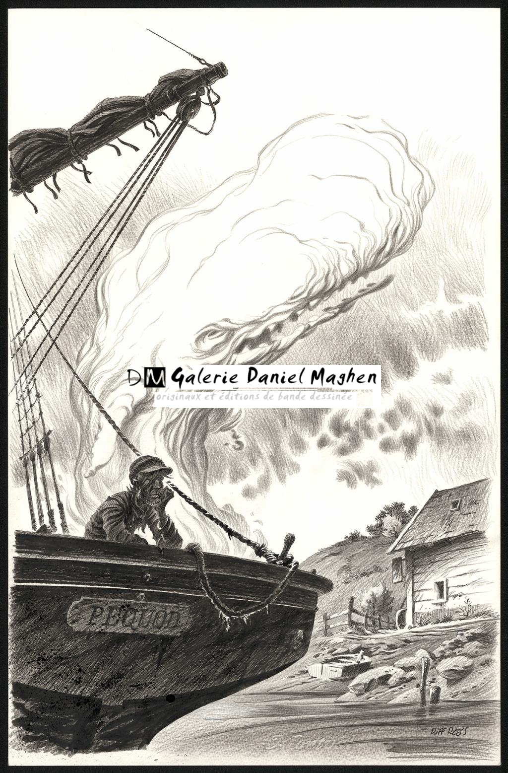 Moby Dick, illustration originale  réalisée pour la revue Chasse-Marée - Riff Reb's - Encre de Chine et crayon sur papier - 6537